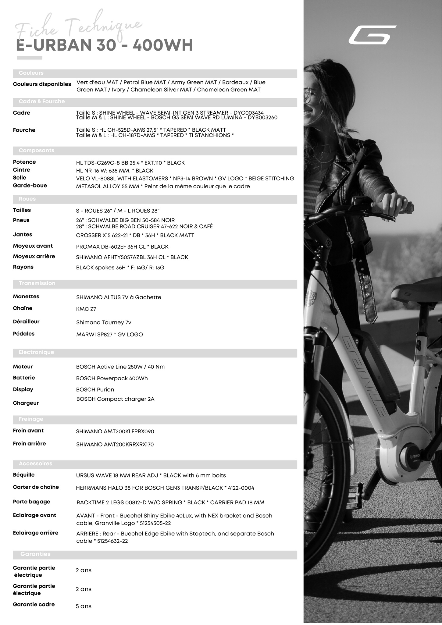 Caracteristique technique du vélo électrique E-Urban 30 - 400 Wh année 2024