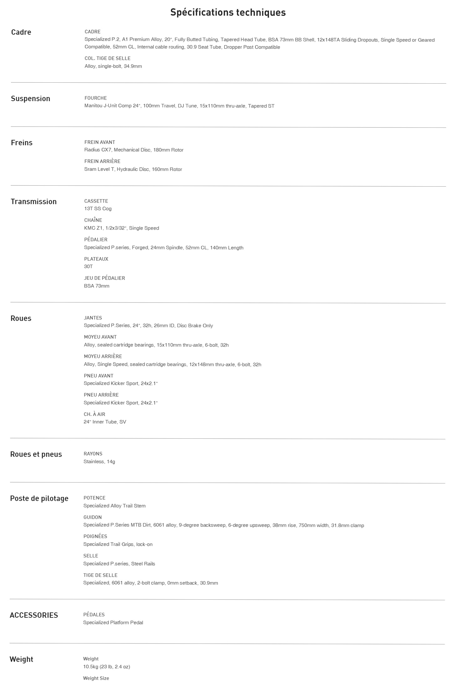 Caracteristique technique du vélo P.2 année 2024