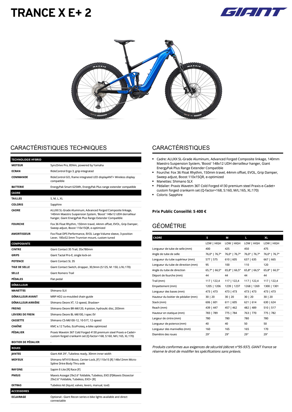 Fiche technique du velo Trance X E+ 2 année 2022