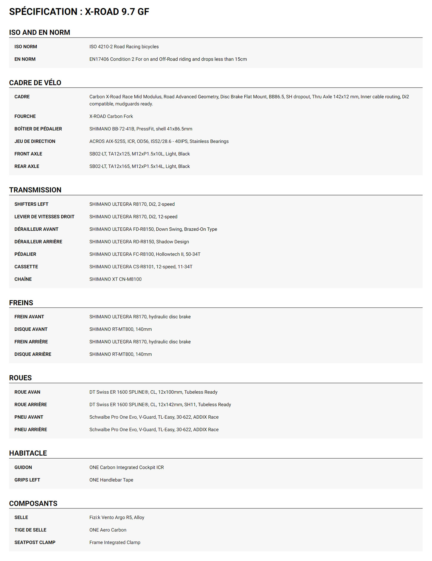 Fiche Technique du velo X-ROAD 9.7 GF Année 2024