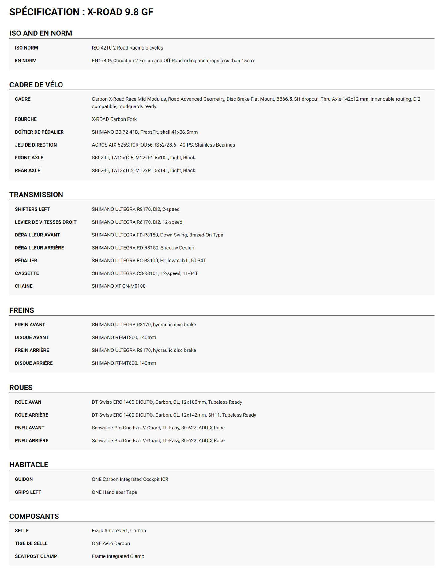 Fiche Technique du velo X-ROAD 9.8 GF Année 2024