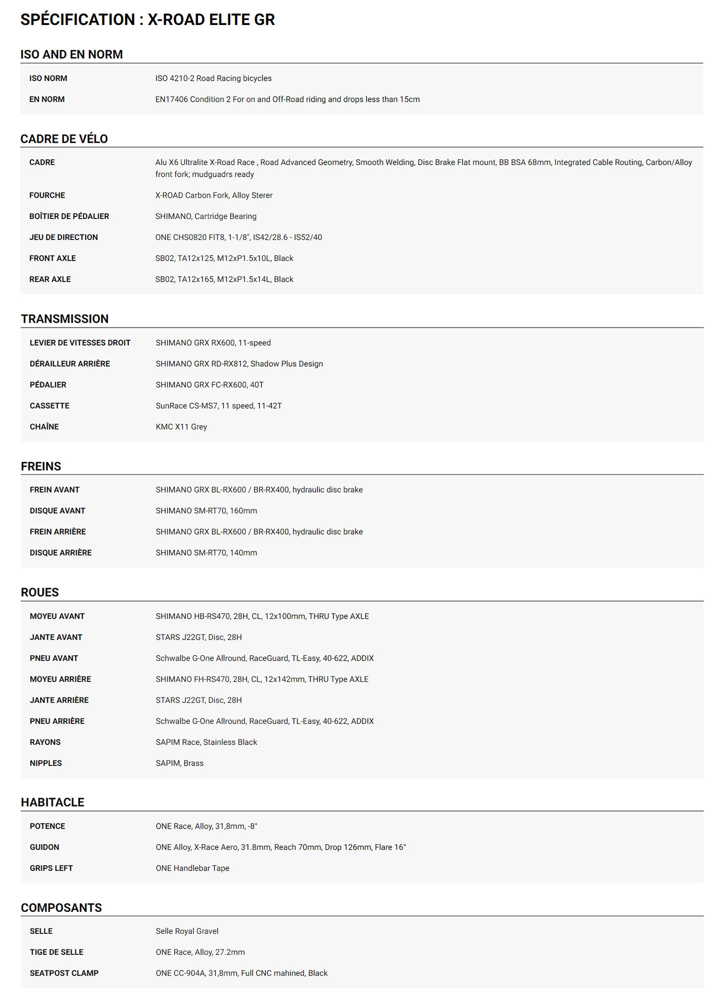 Fiche Technique du velo X-ROAD Elite GR Année 2024
