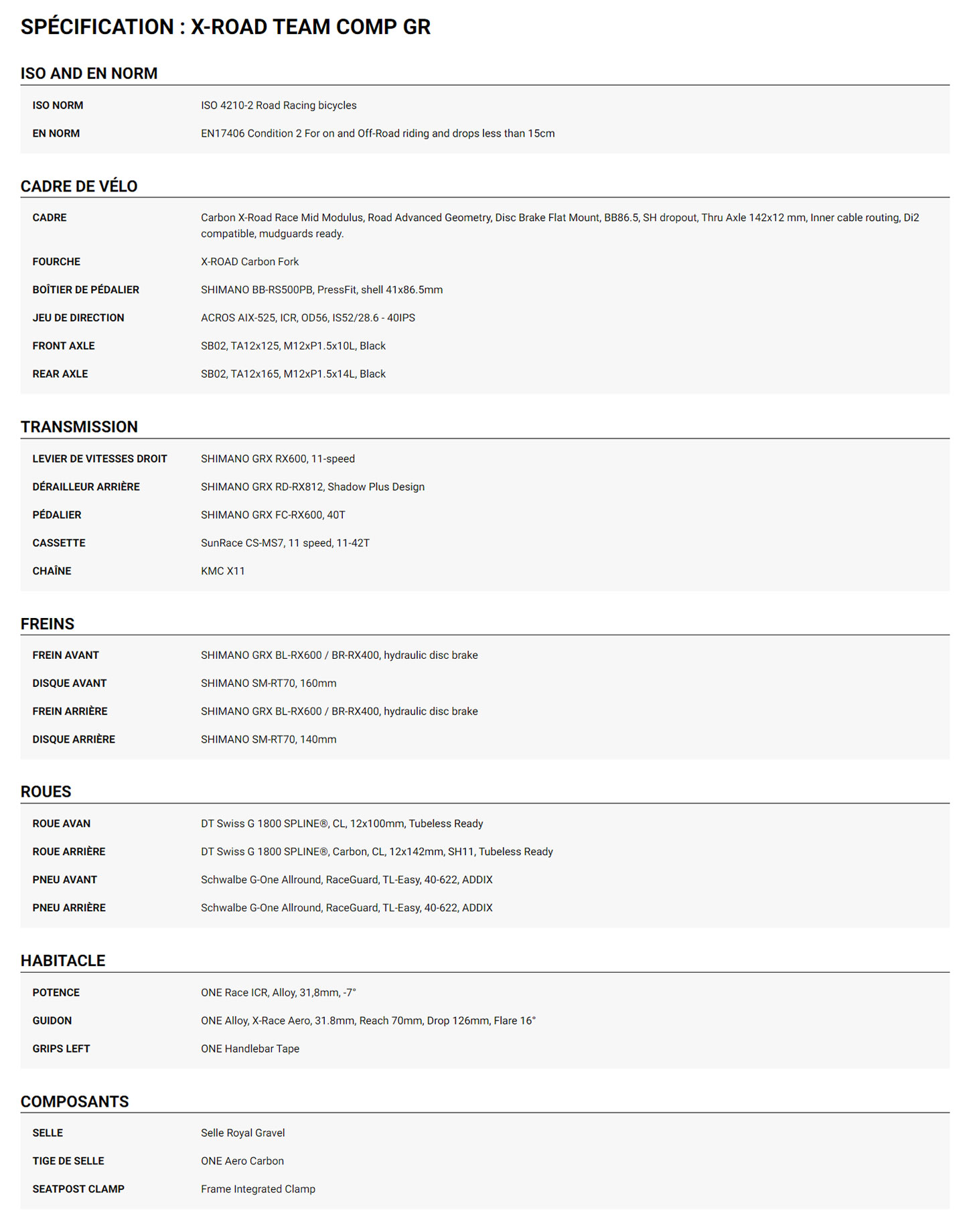 Fiche Technique du velo X-ROAD Team Comp GR Année 2024